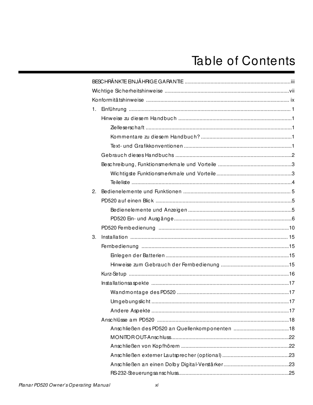 Planar PD520 manual Table of Contents 