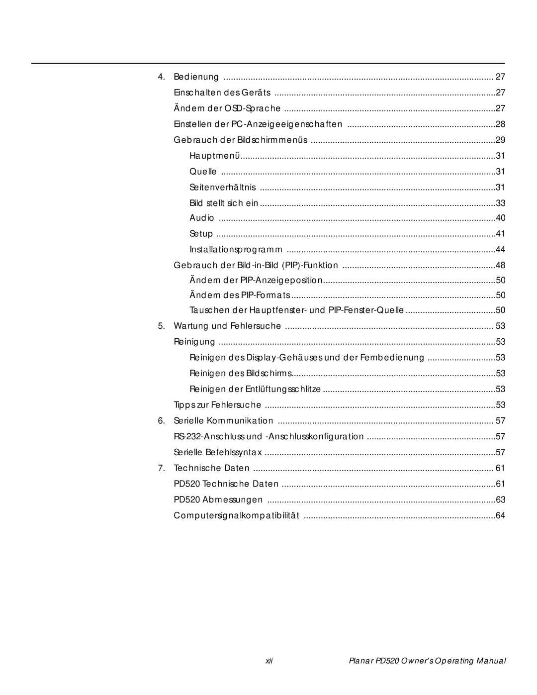 Planar PD520 manual Bedienung, Wartung und Fehlersuche, Serielle Kommunikation, Technische Daten 