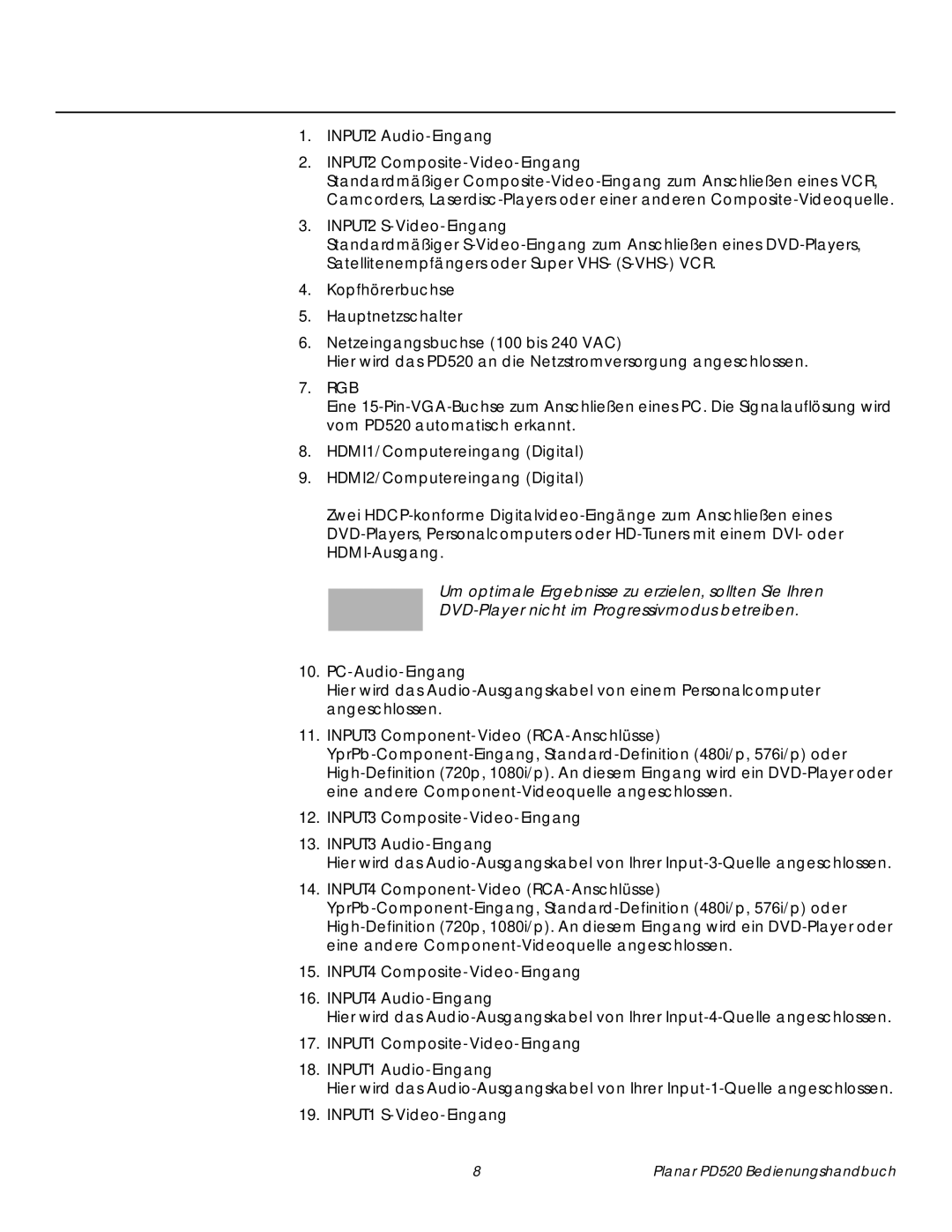 Planar PD520 manual INPUT2 Audio-Eingang INPUT2 Composite-Video-Eingang, INPUT2 S-Video-Eingang, Rgb, PC-Audio-Eingang 