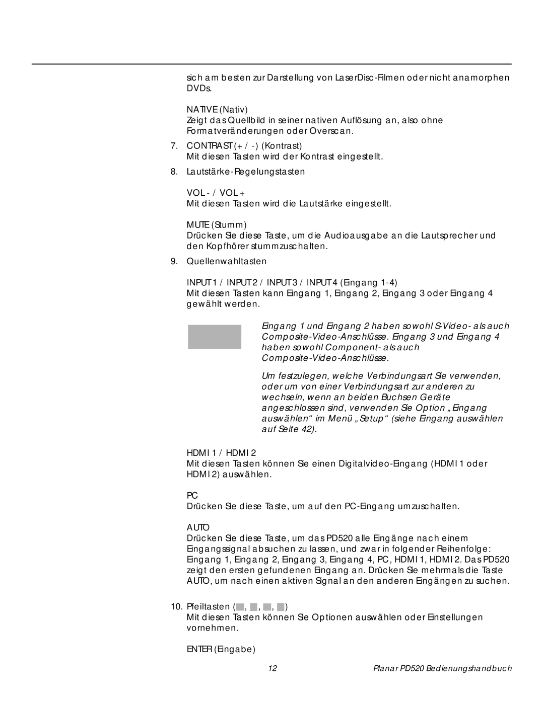 Planar PD520 manual Native Nativ, Contrast + / Kontrast, Mute Stumm, Pfeiltasten, Enter Eingabe 