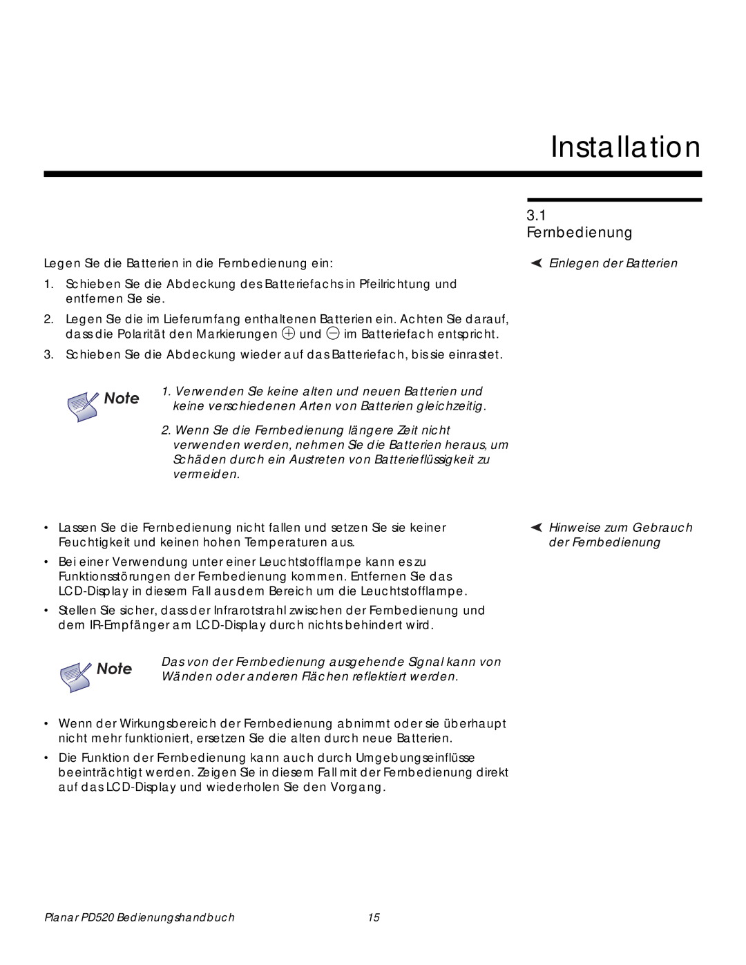 Planar PD520 manual Installation, Hinweise zum Gebrauch, Der Fernbedienung 