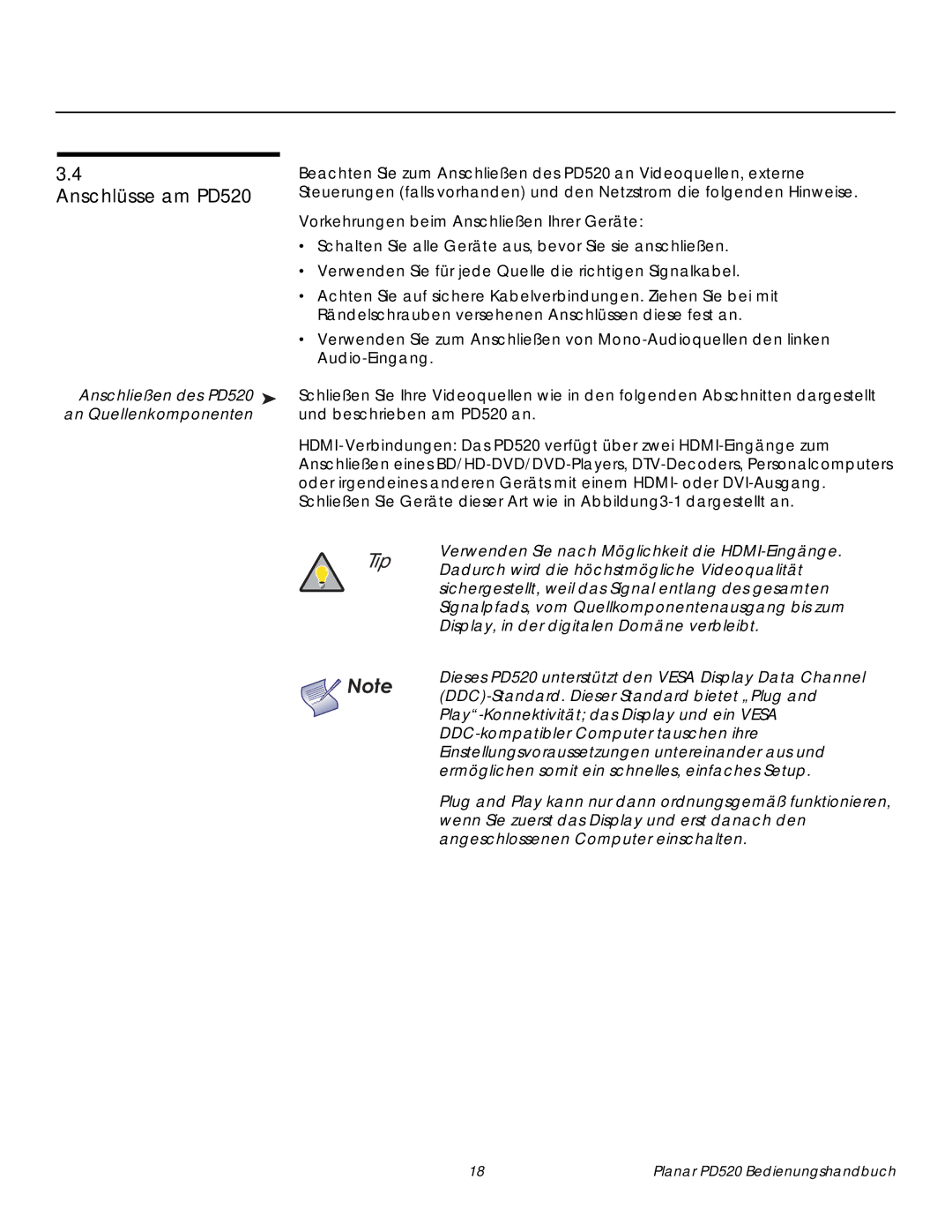 Planar manual Anschlüsse am PD520, Anschließen des PD520, An Quellenkomponenten 