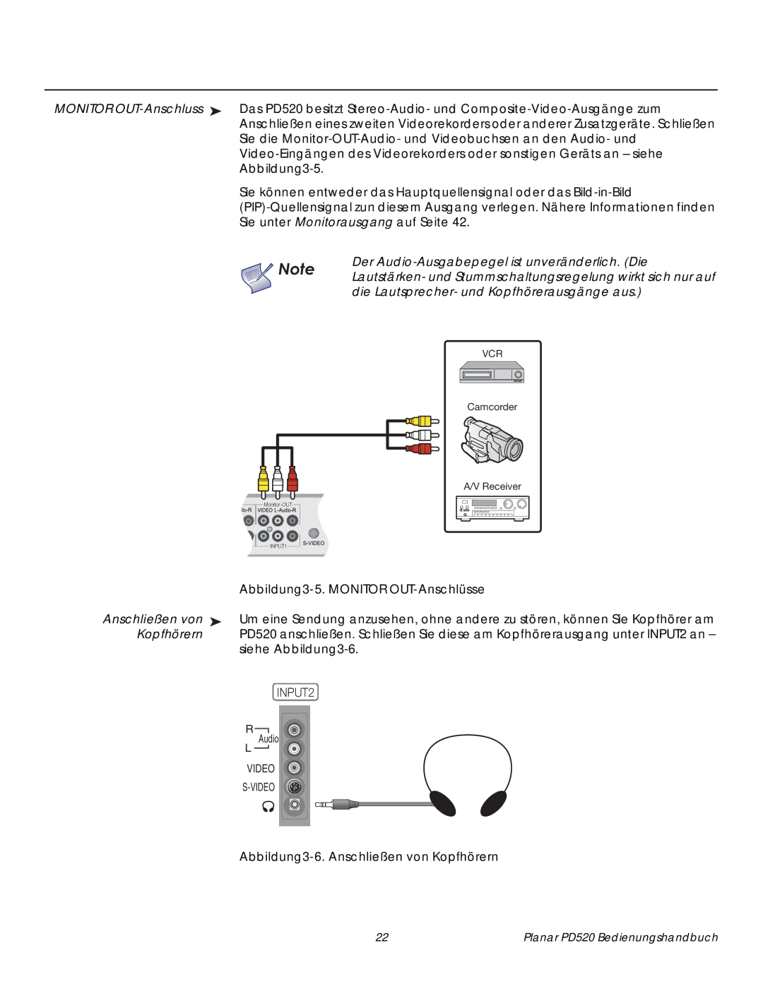 Planar PD520 manual Monitor OUT-Anschluss, Der Audio-Ausgabepegel ist unveränderlich. Die 