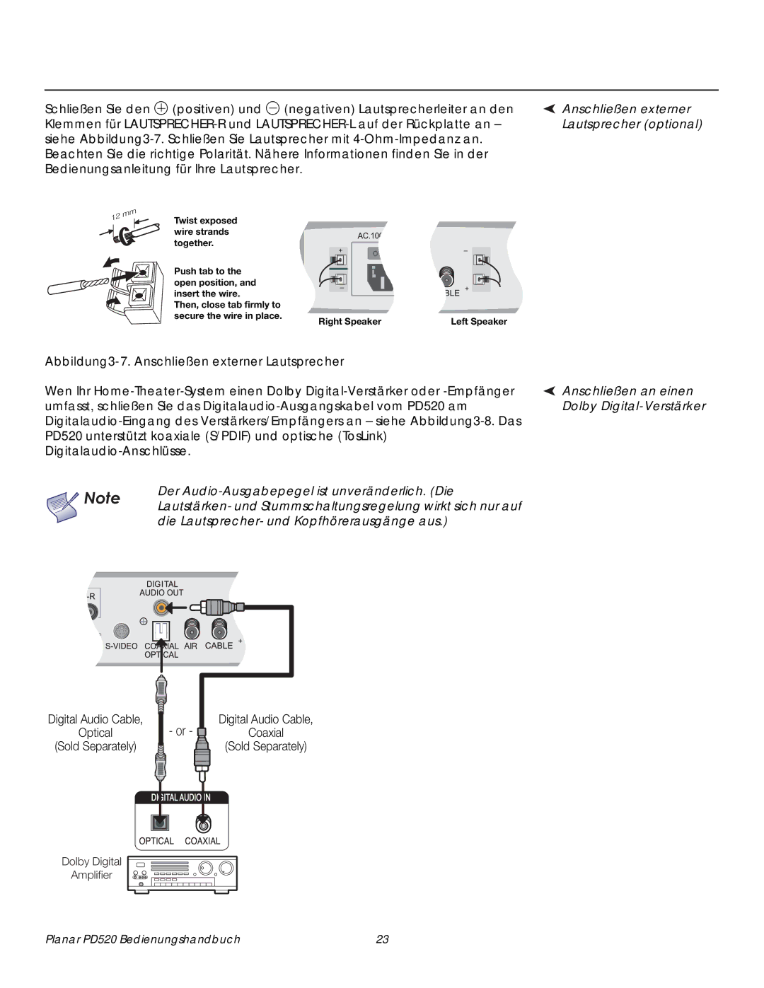 Planar PD520 manual Lautsprecher optional, Abbildung3-7. Anschließen externer Lautsprecher, Anschließen an einen 