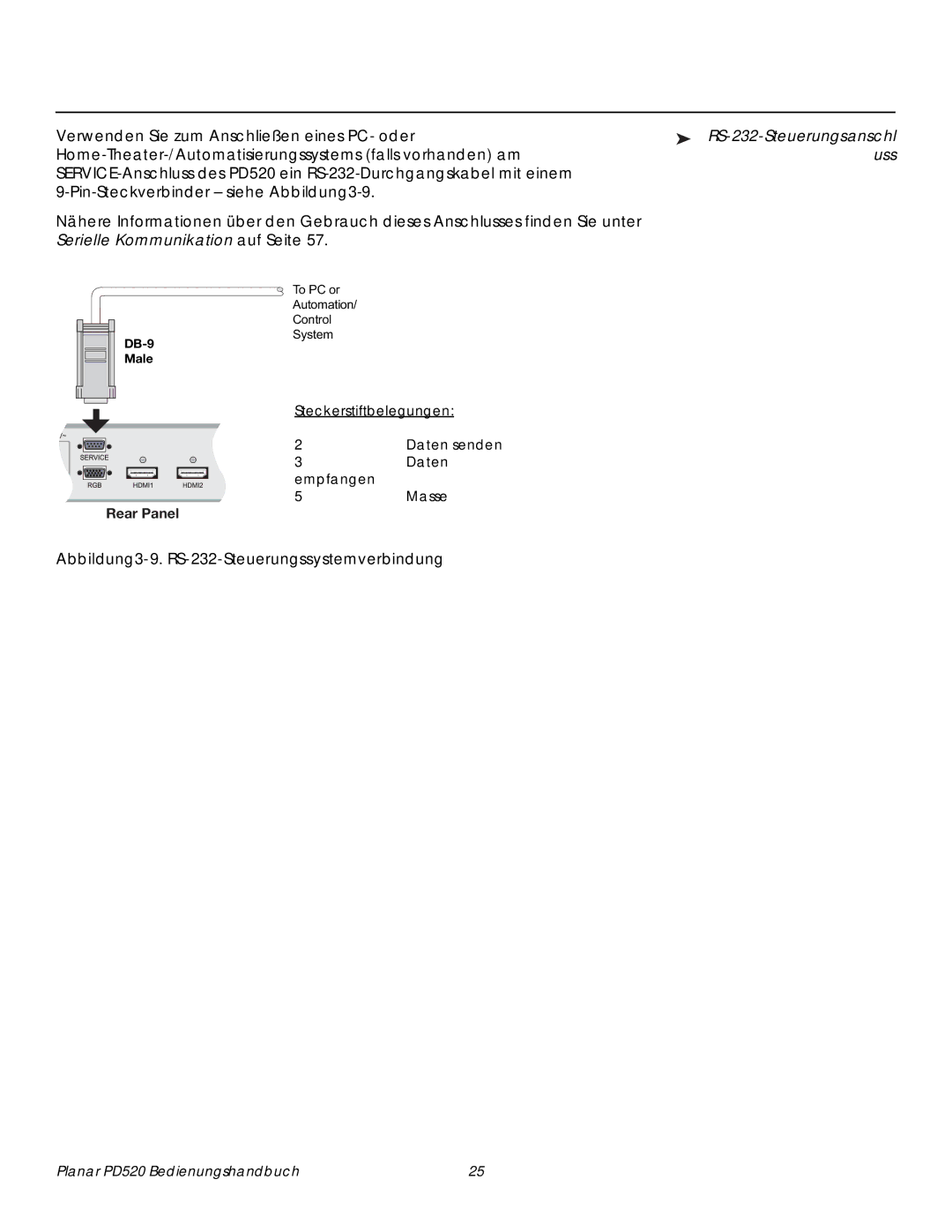 Planar PD520 manual Abbildung3-9. RS-232-Steuerungssystemverbindung, RS-232-Steuerungsanschl uss, Steckerstiftbelegungen 