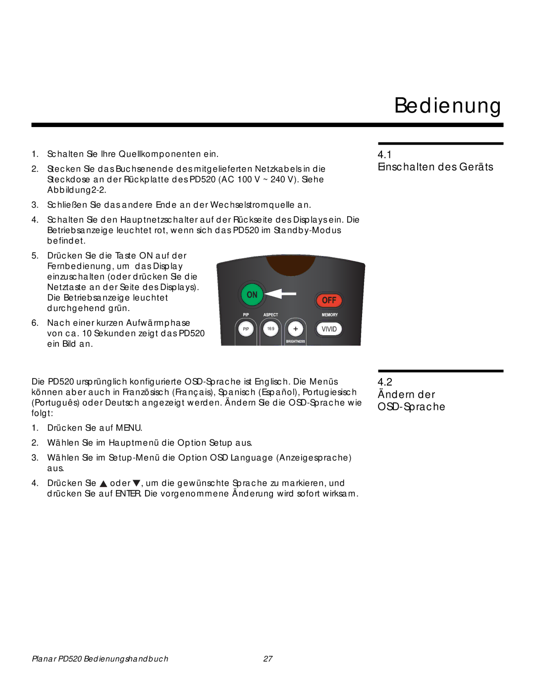 Planar PD520 manual Bedienung, Einschalten des Geräts Ändern der OSD-Sprache 