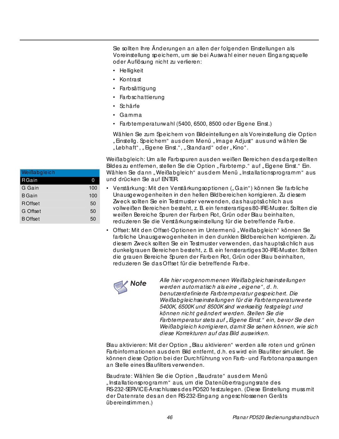 Planar PD520 manual Farbtemperatur stets auf „Eigene Einst. ein, bevor Sie den, Diese Korrekturen auf das Bild auswirken 