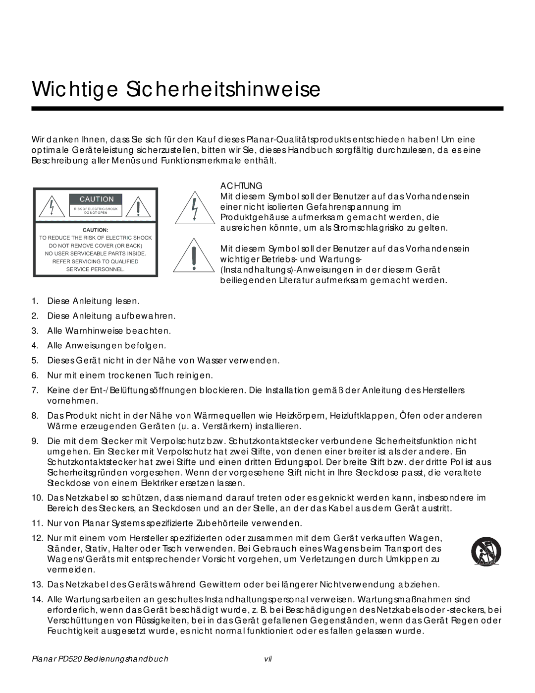 Planar PD520 manual Wichtige Sicherheitshinweise, Achtung 