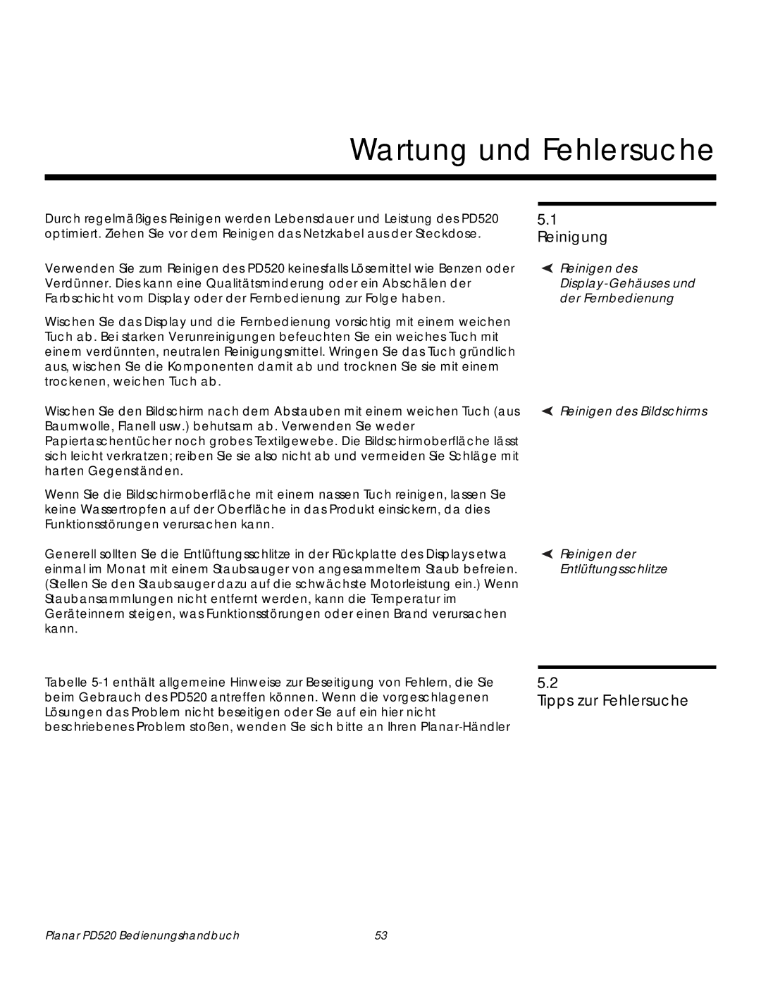 Planar PD520 manual Wartung und Fehlersuche, Reinigung, Tipps zur Fehlersuche 