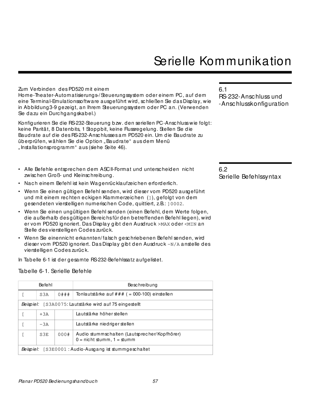 Planar PD520 manual Serielle Kommunikation, Befehl Beschreibung 