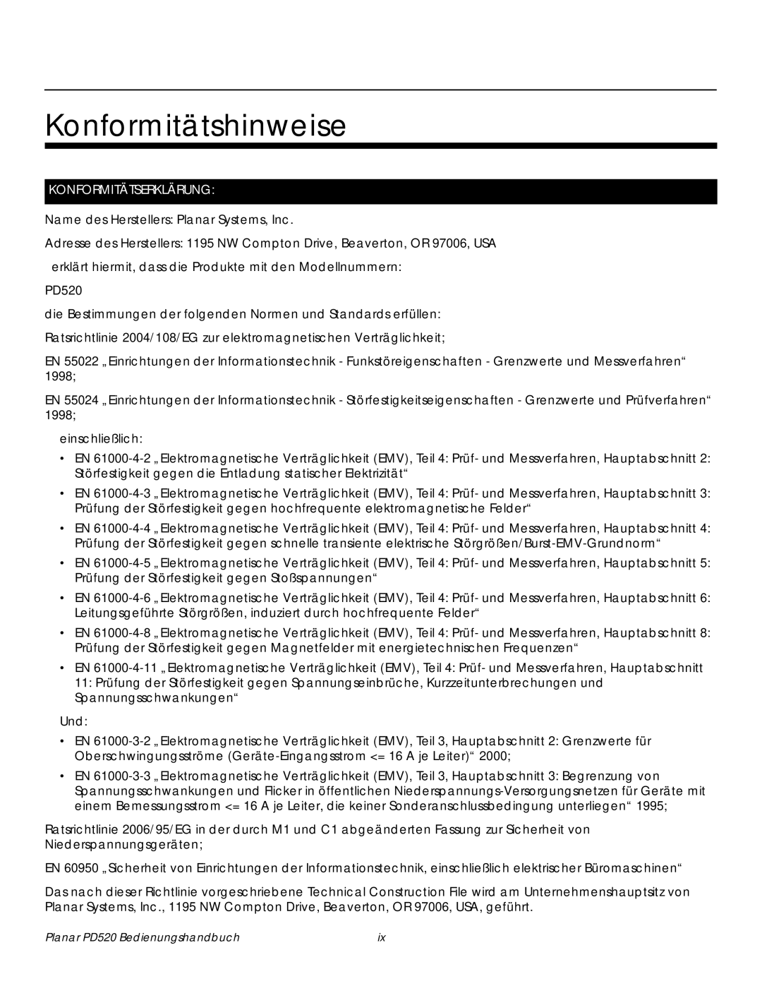 Planar PD520 manual Konformitätshinweise, Konformitätserklärung 