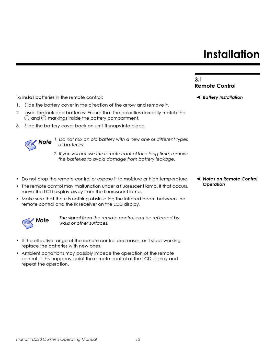 Planar PD520 Installation, Remote Control, Signal from the remote control can be reflected by, Walls or other surfaces 