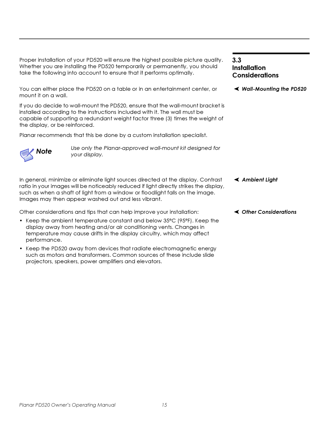 Planar manual Installation Considerations, Wall-Mounting the PD520, Ambient Light, Other Considerations 