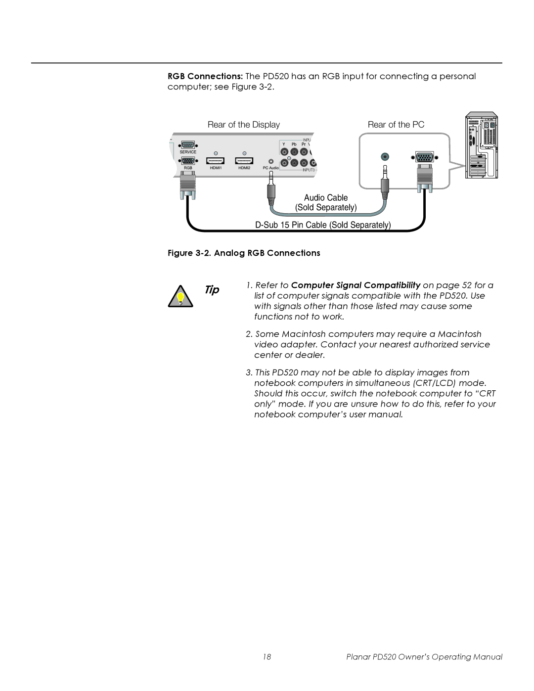 Planar PD520 manual Refer to Computer Signal Compatibility on page 52 for a 