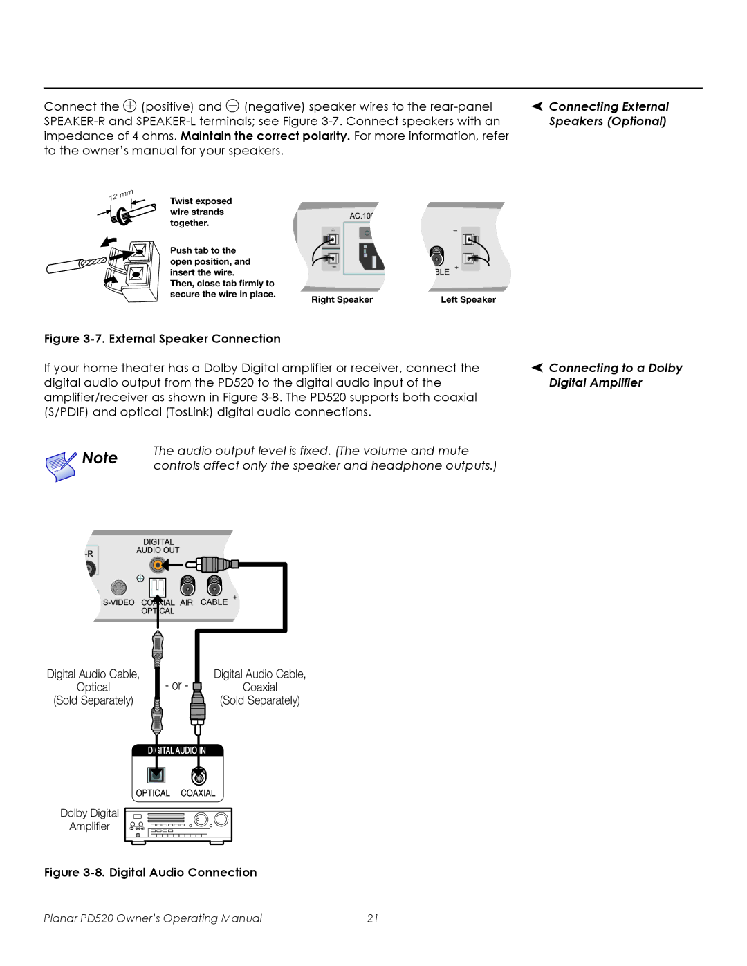 Planar PD520 manual Connecting External, Speakers Optional, Connecting to a Dolby, Digital Amplifier 