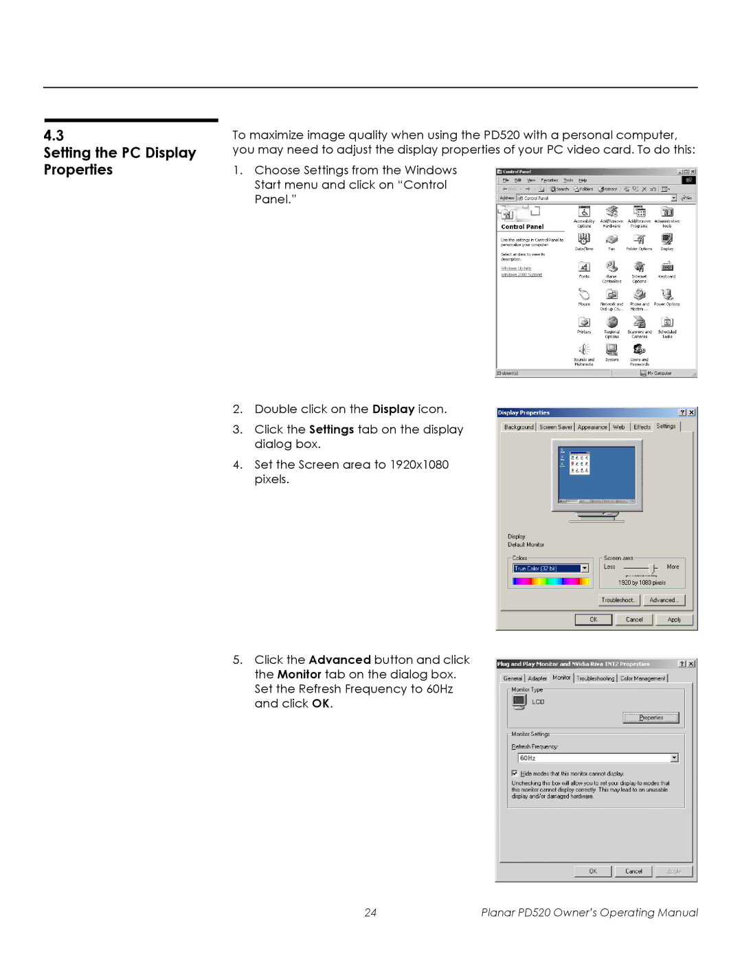 Planar PD520 manual Setting the PC Display Properties 