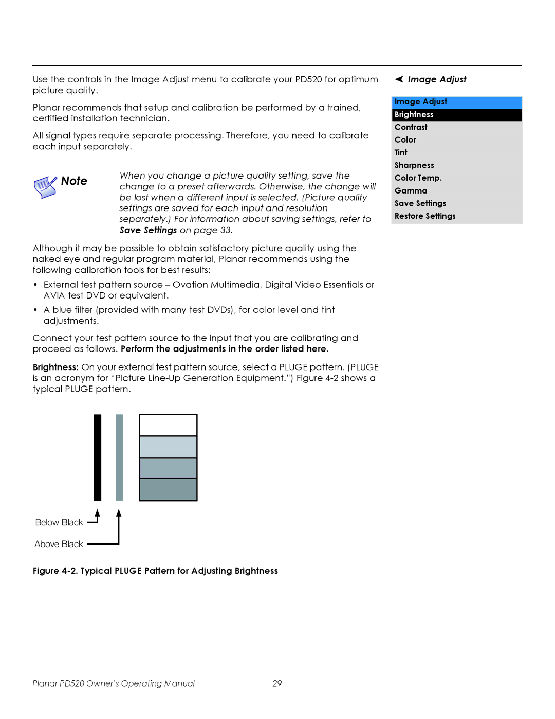 Planar PD520 manual Save Settings on, Image Adjust 