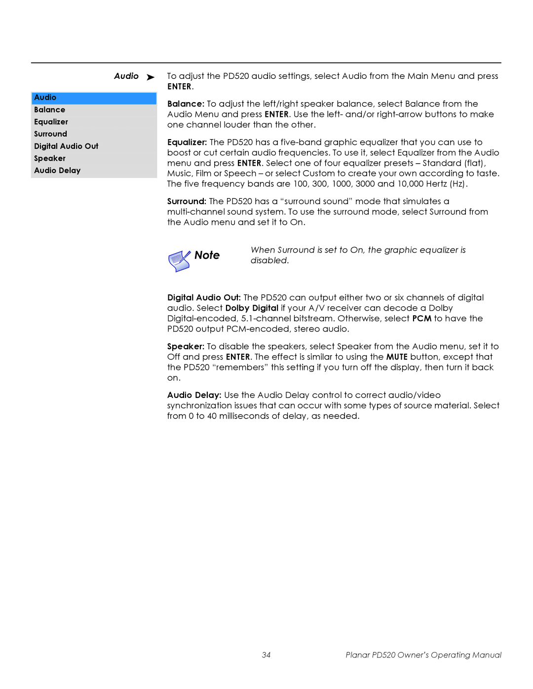 Planar PD520 manual Audio, When Surround is set to On, the graphic equalizer is, Disabled 