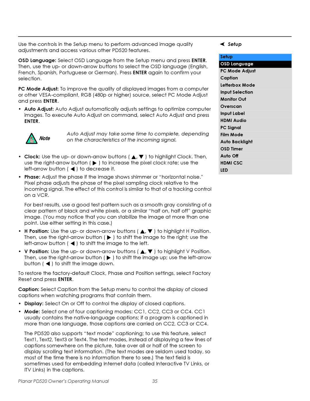 Planar PD520 manual On the characteristics of the incoming signal, Setup 