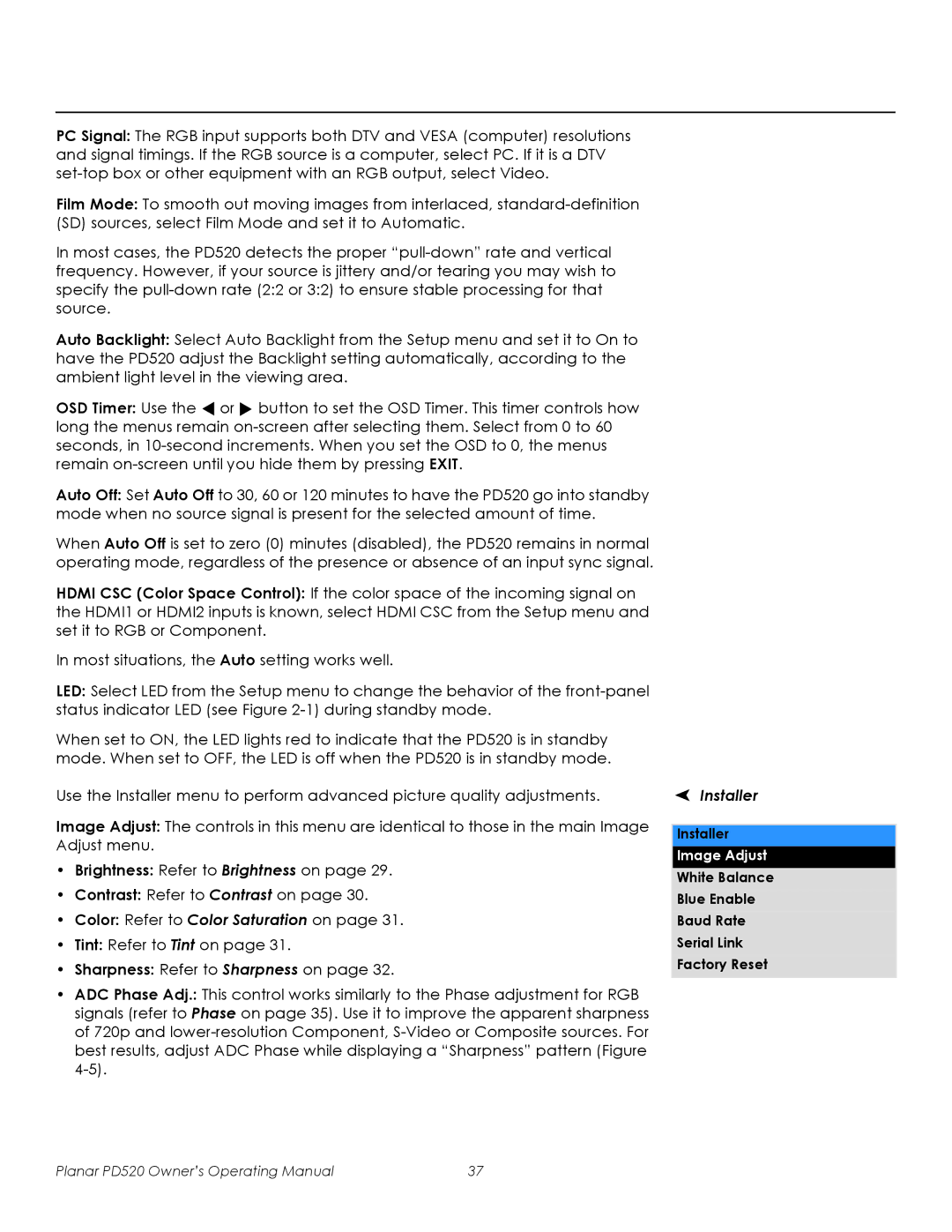 Planar PD520 manual Installer, Image Adjust 