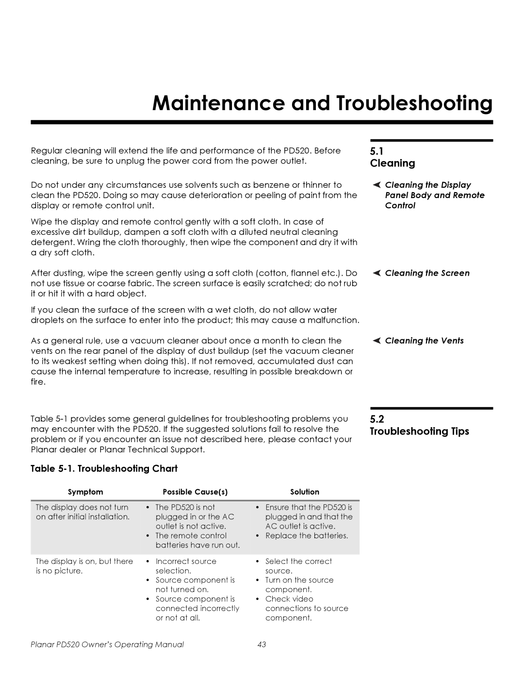 Planar PD520 manual Maintenance and Troubleshooting, Cleaning, Troubleshooting Tips 