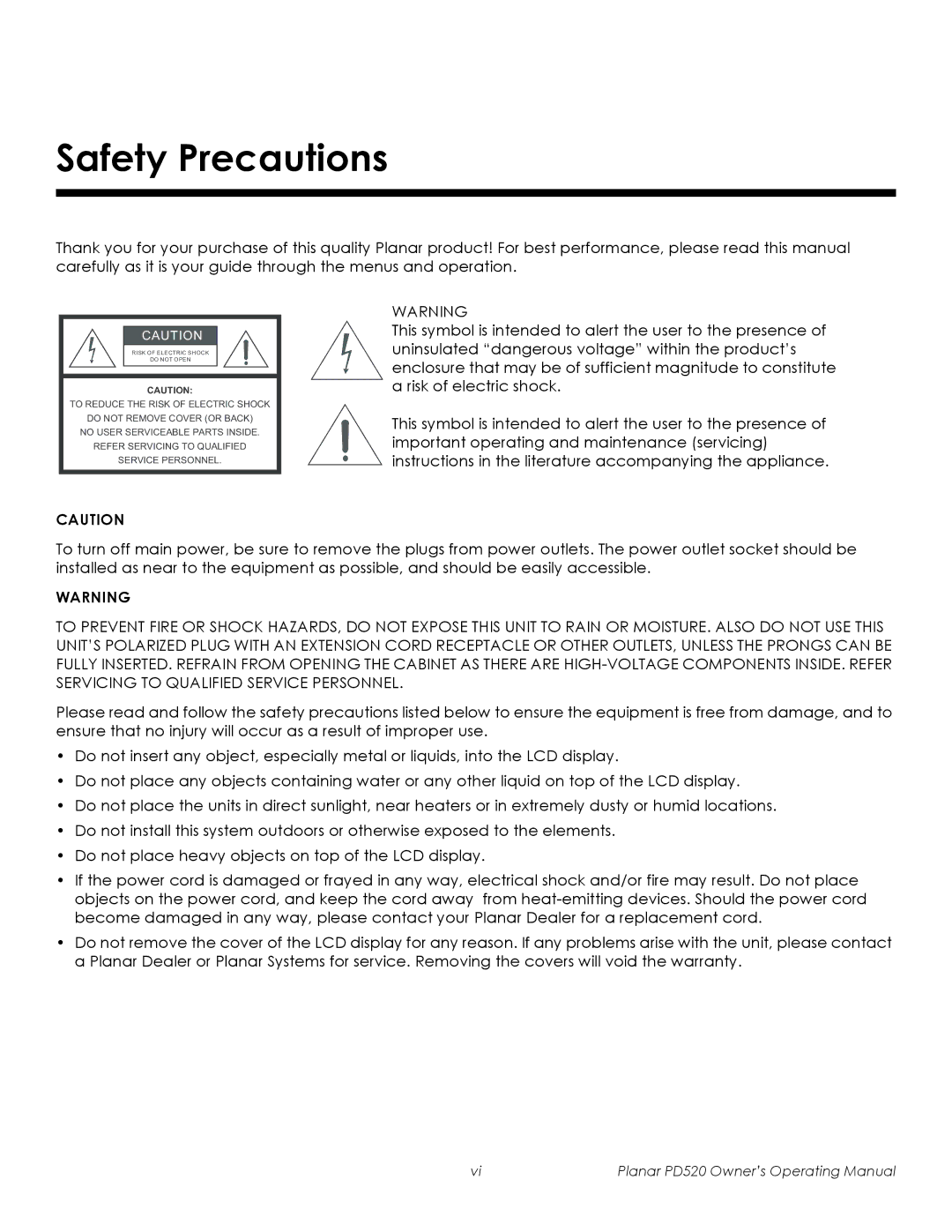 Planar PD520 manual Safety Precautions 