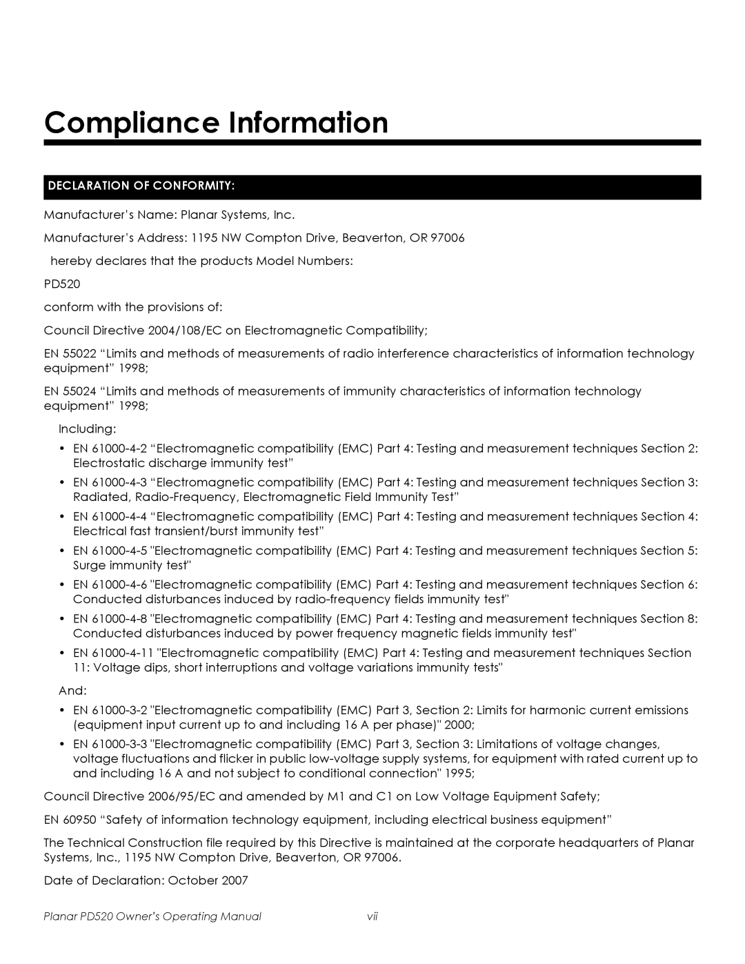 Planar PD520 manual Compliance Information, Declaration of Conformity 