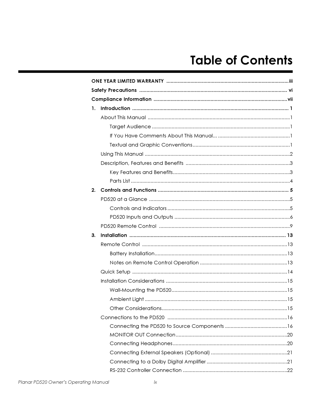 Planar PD520 manual Table of Contents 