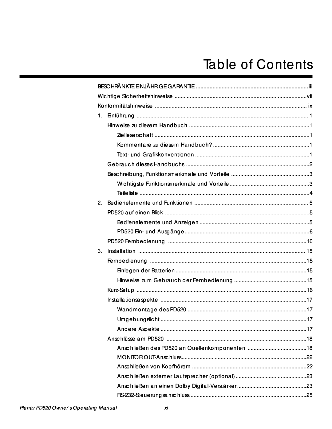 Planar PD520 manual Table of Contents, Beschränkte Einjährige Garantie, Wichtige Sicherheitshinweise, Konformitätshinweise 