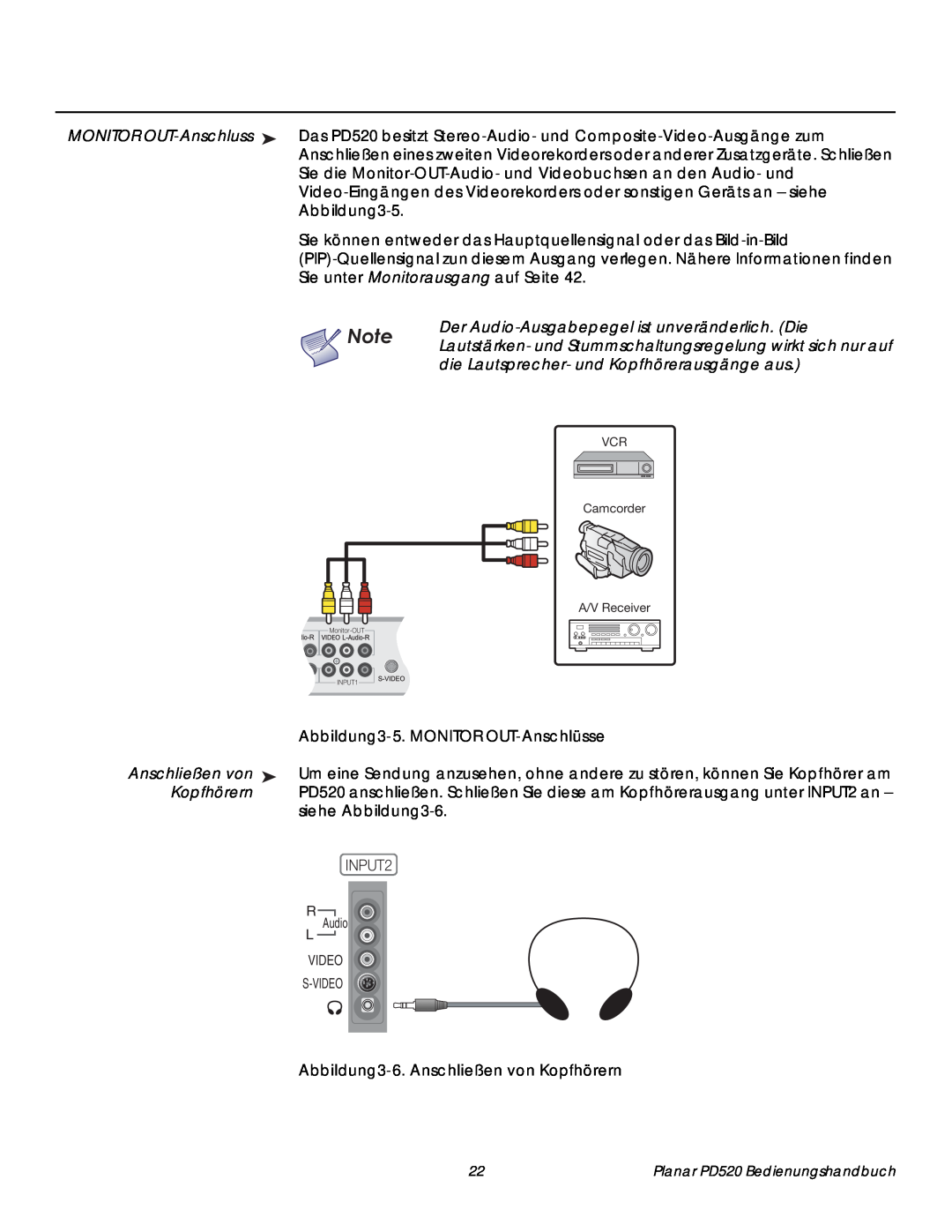 Planar PD520 manual MONITOR OUT-Anschluss, Abbildung3-5.MONITOR OUT-Anschlüsse, Anschließen von, Kopfhörern, INPUT2 