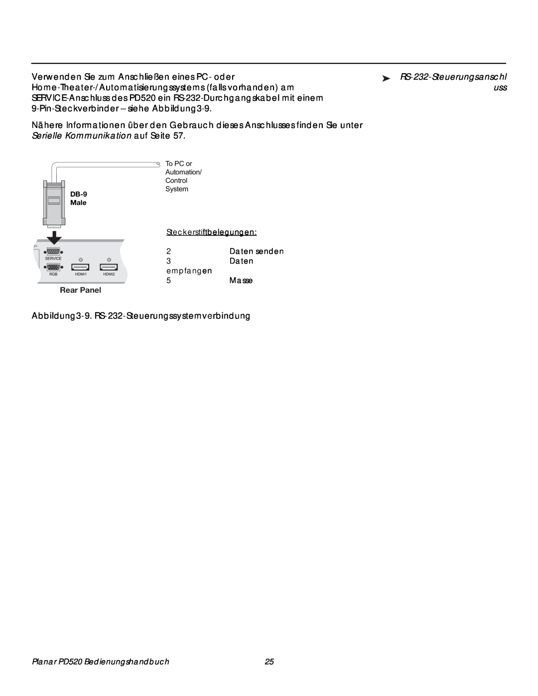 Planar PD520 manual RS-232-Steuerungsanschluss, Abbildung3-9. RS-232-Steuerungssystemverbindung 