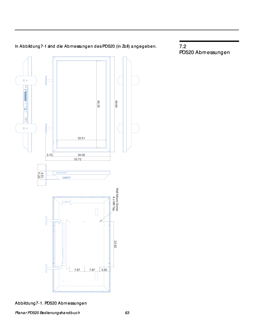 Planar manual 7.2 PD520 Abmessungen, 45.35, 49.84, 25.51 30.00 33.72 Wall Mount Screw 6 x M8 Tap, 23.62, 7.87, 5.55 