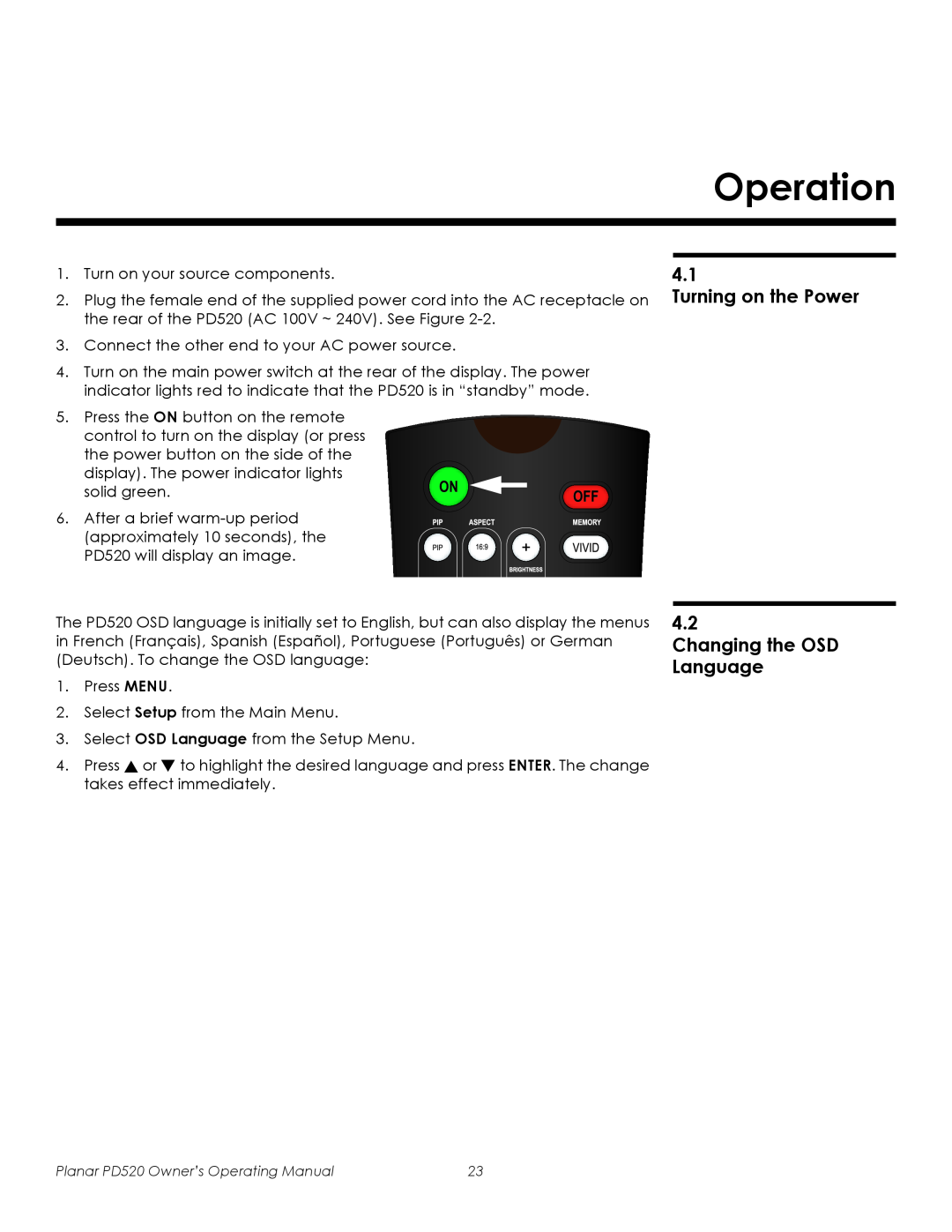 Planar PD520 manual Operation, Turning on the Power, Changing the OSD Language 