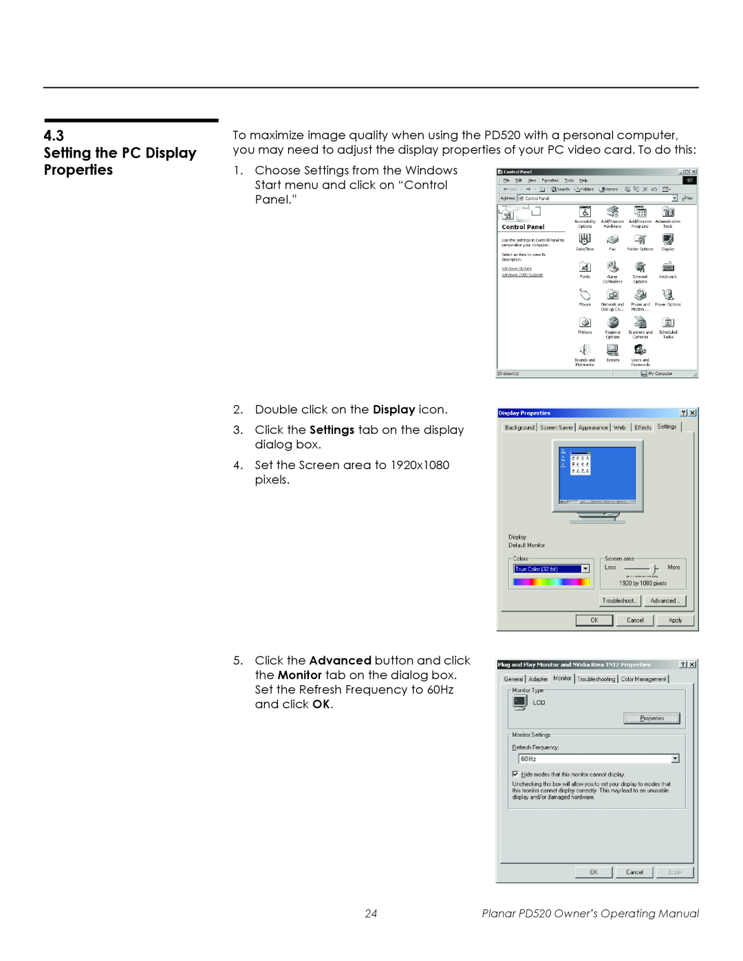 Planar PD520 manual Setting the PC Display Properties 