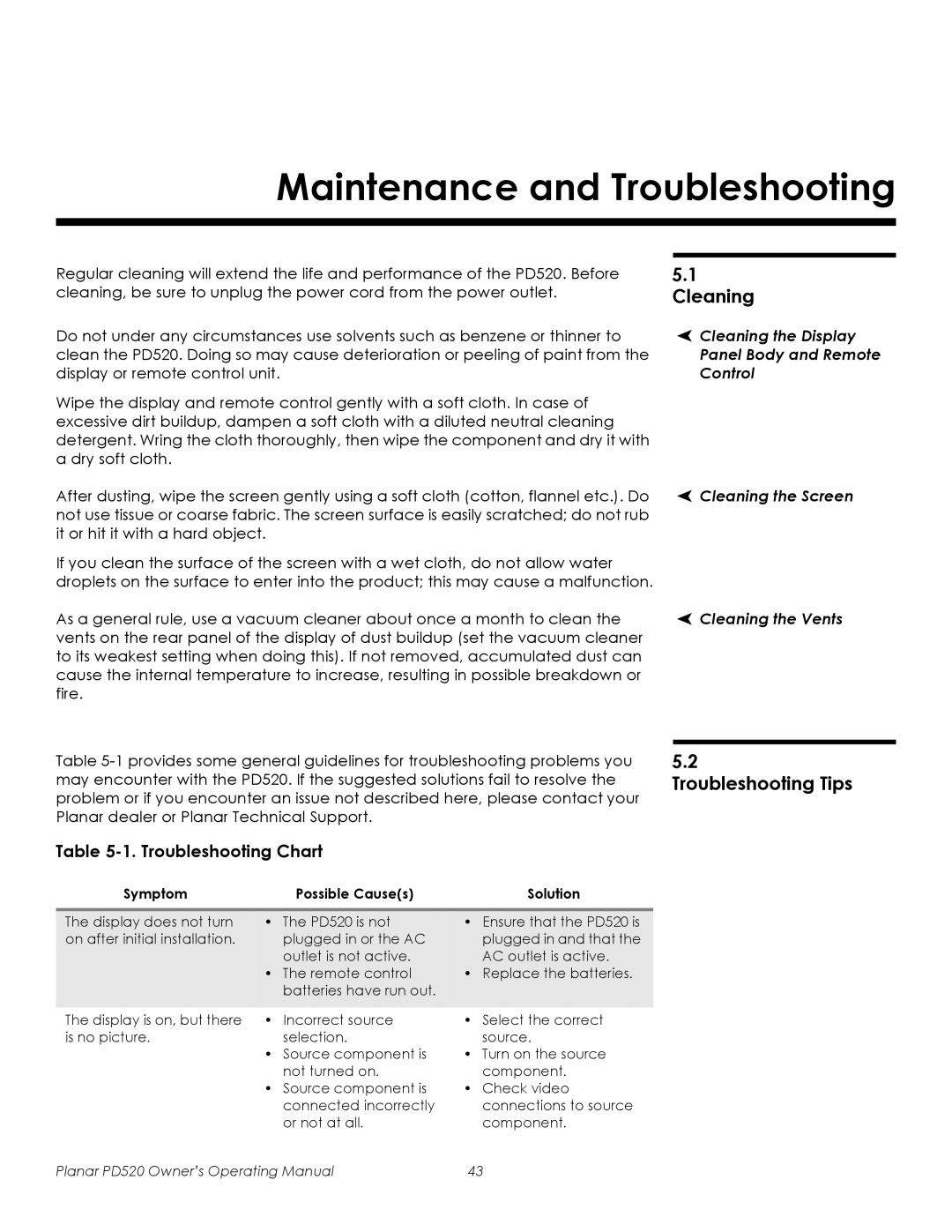Planar PD520 manual Maintenance and Troubleshooting, Cleaning, Troubleshooting Tips, 1.Troubleshooting Chart, Control 