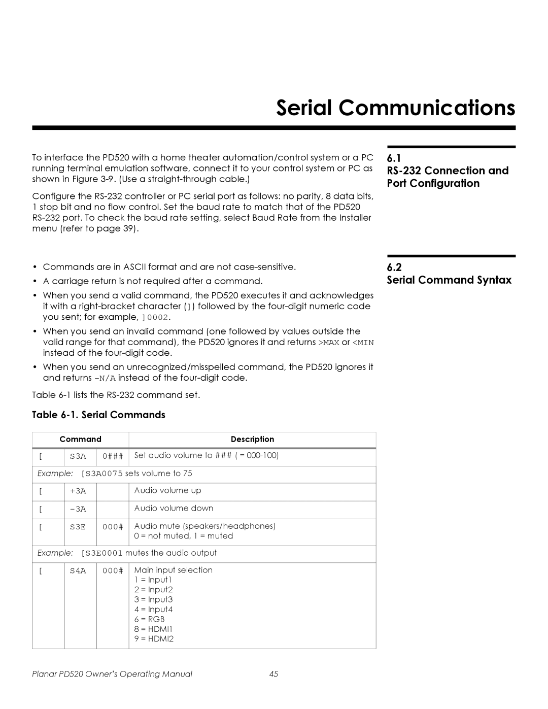 Planar PD520 Serial Communications, 6.1 RS-232Connection and Port Configuration, Serial Command Syntax, 1.Serial Commands 