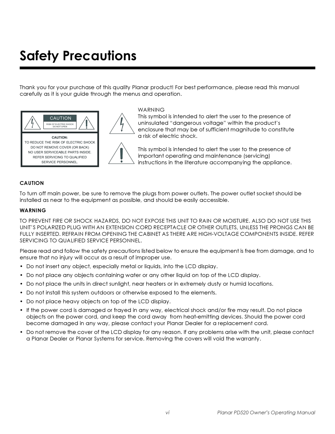 Planar manual Safety Precautions, Planar PD520 Owner’s Operating Manual 