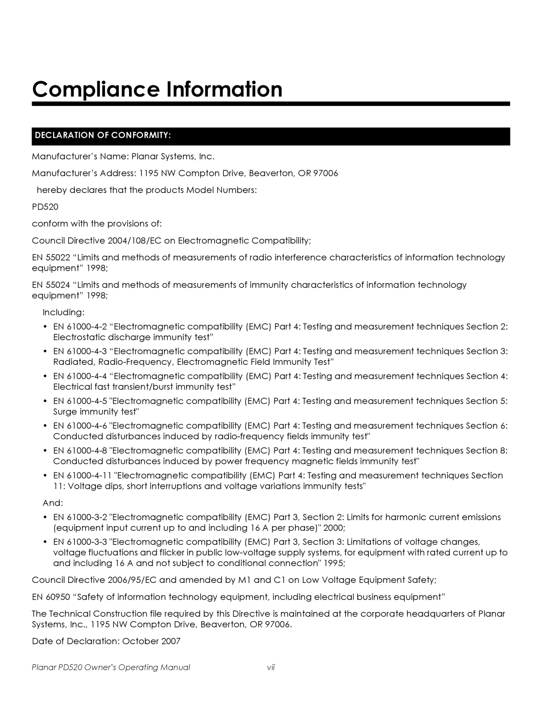 Planar PD520 manual Compliance Information, Declaration Of Conformity 