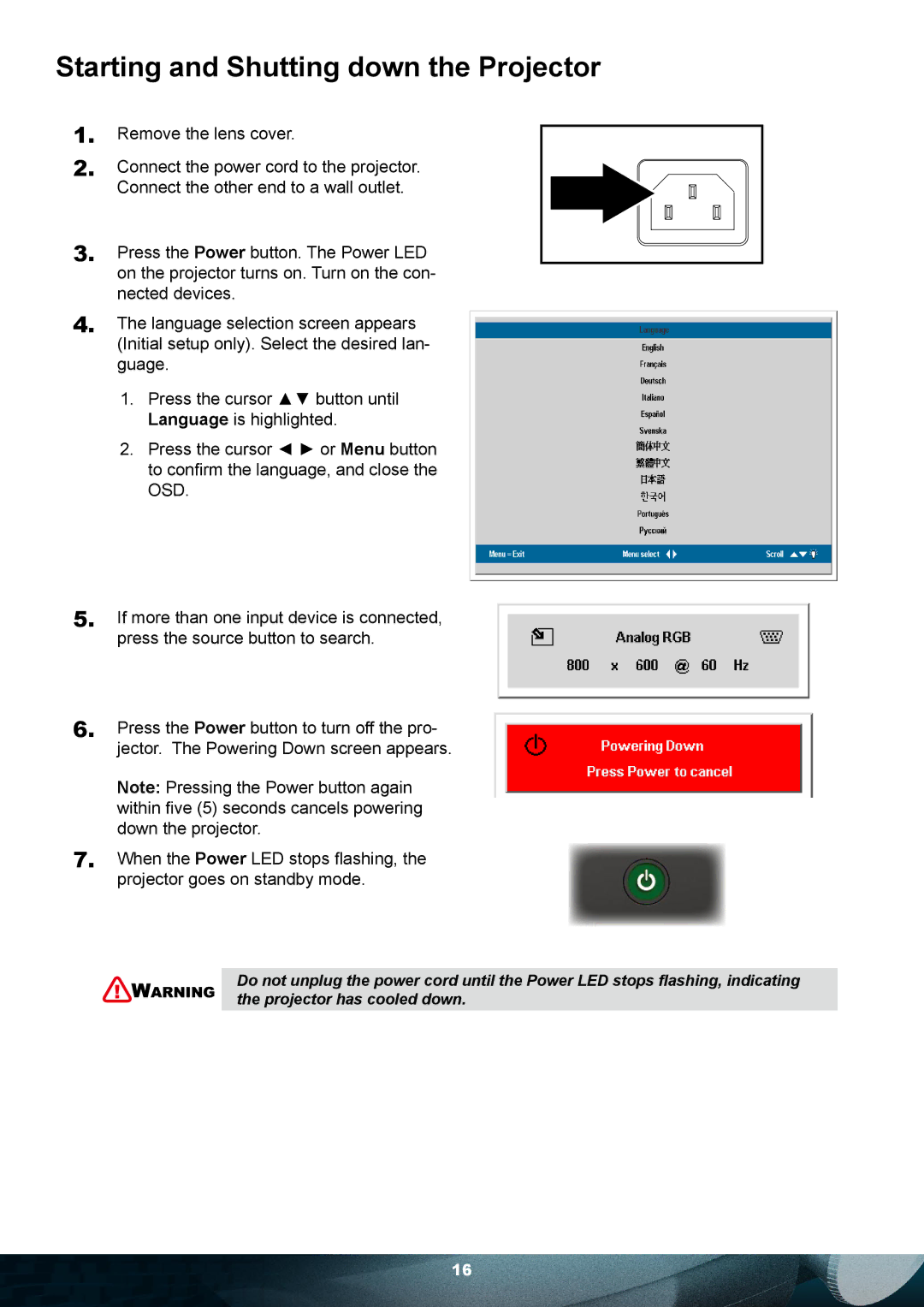 Planar PD7010 user manual Starting and Shutting down the Projector 