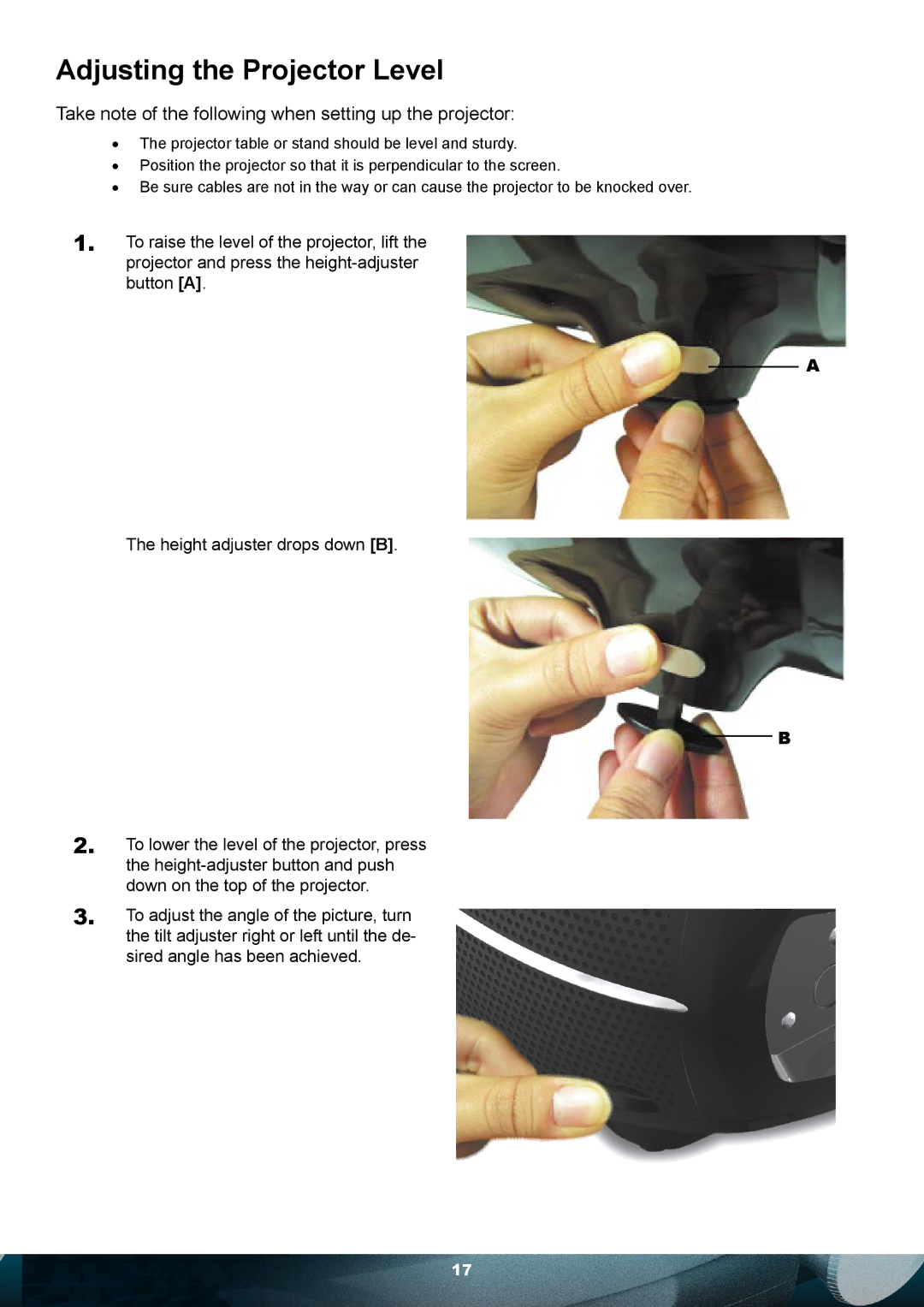 Planar PD7010 user manual Adjusting the Projector Level, Take note of the following when setting up the projector 