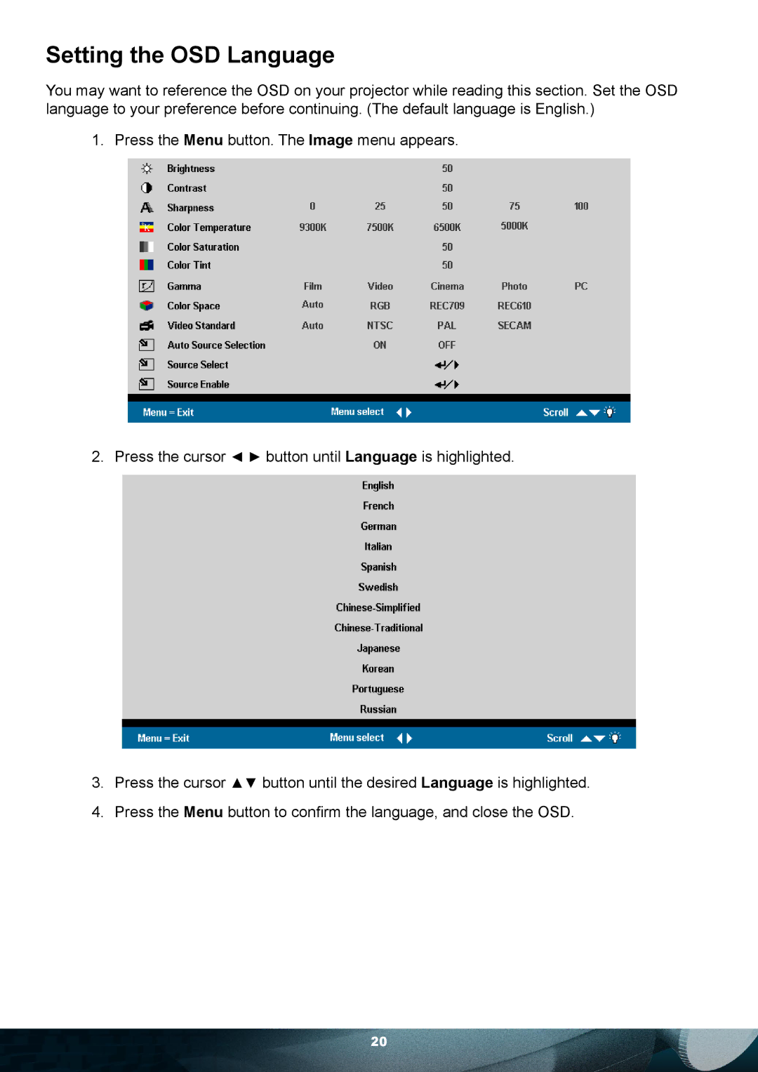 Planar PD7010 user manual Setting the OSD Language 