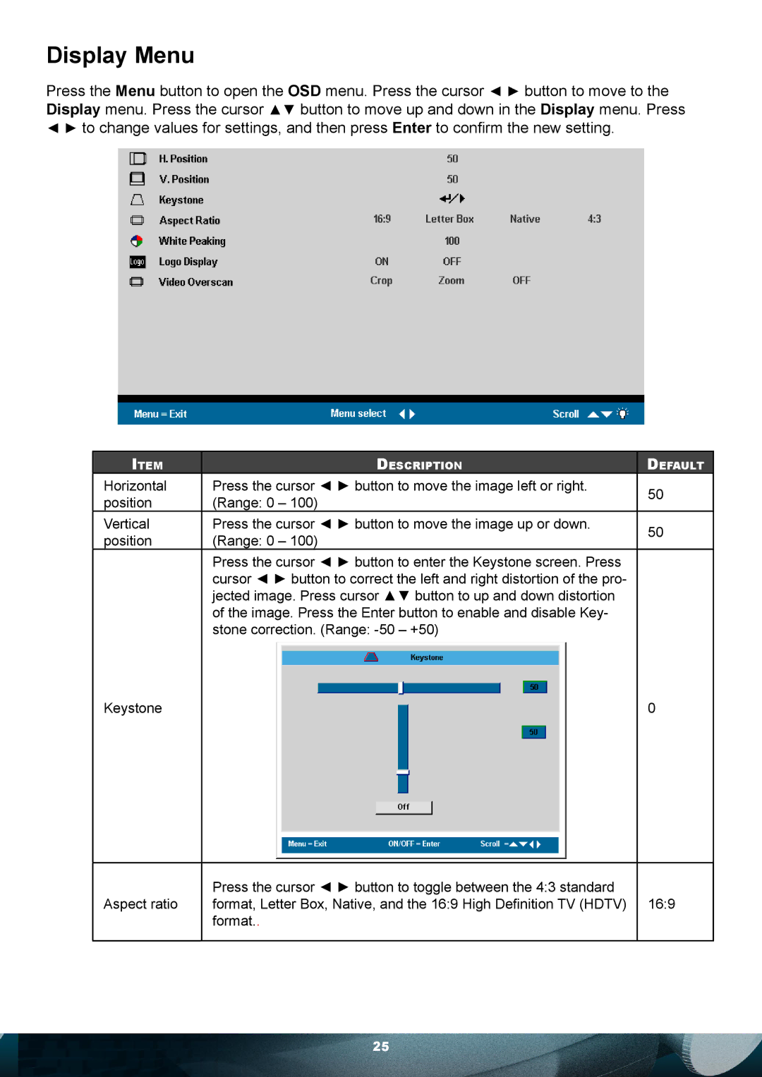 Planar PD7010 user manual Display Menu 