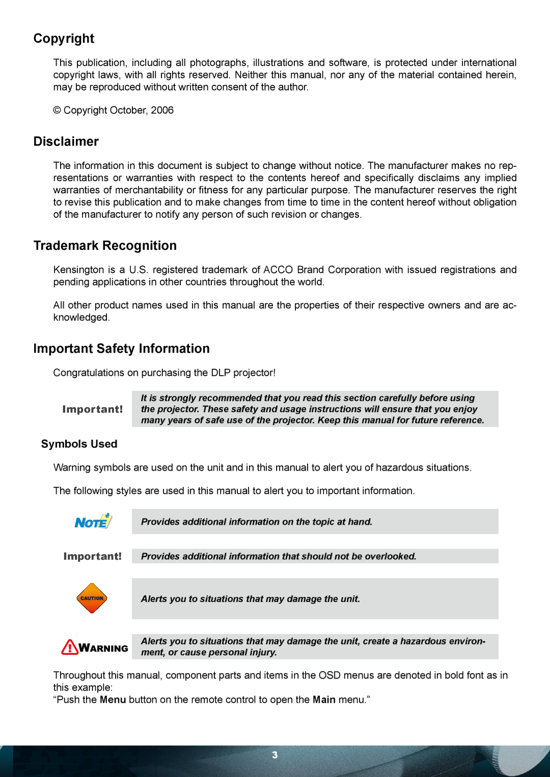 Planar PD7010 user manual Copyright, Symbols Used 