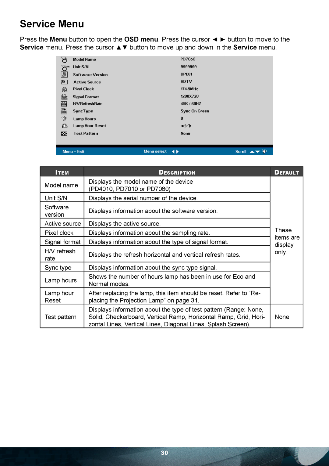 Planar PD7010 user manual Service Menu 