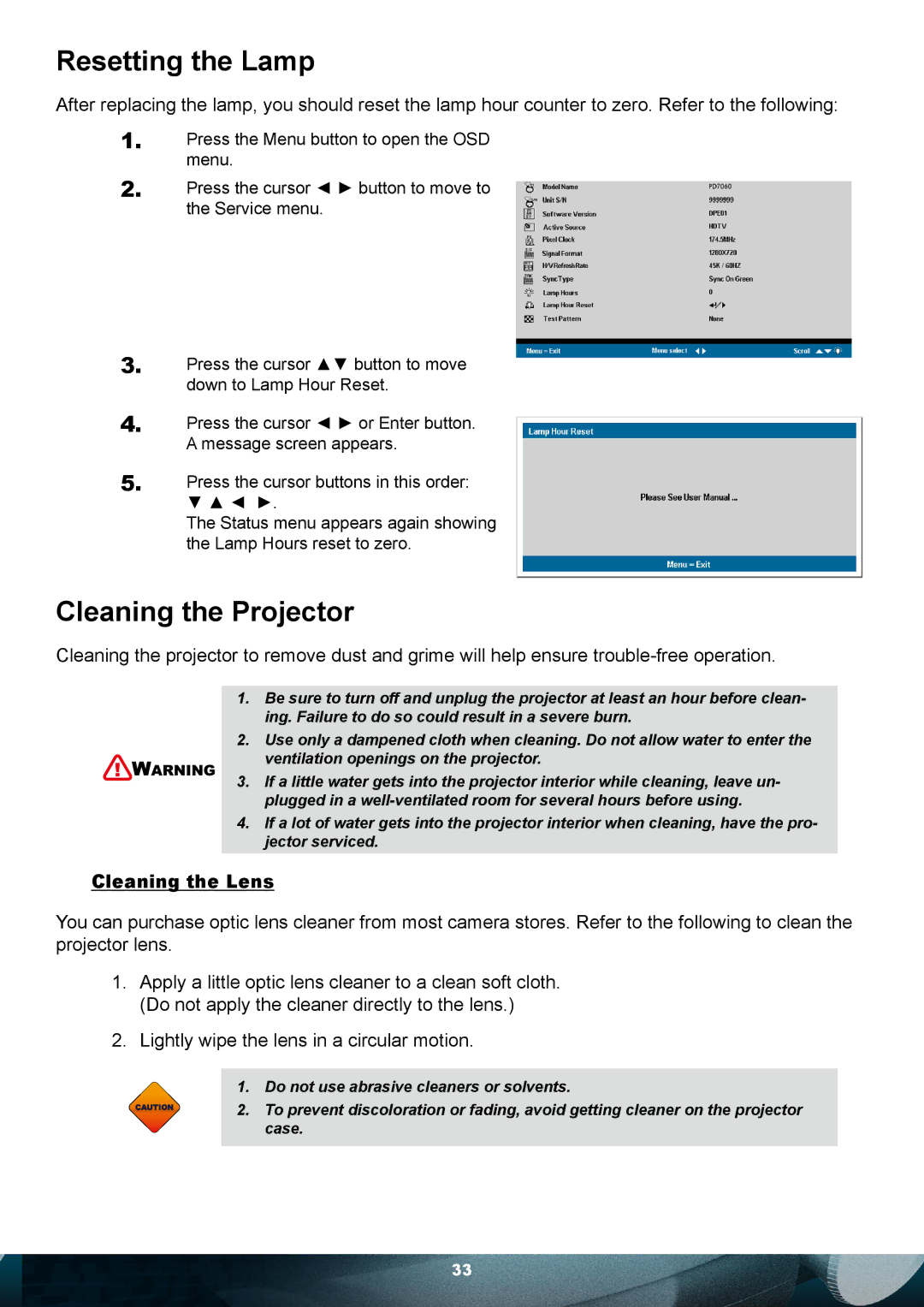 Planar PD7010 user manual Resetting the Lamp, Cleaning the Projector, Cleaning the Lens 