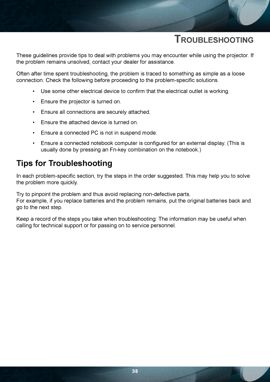 Planar PD7010 user manual Tips for Troubleshooting 