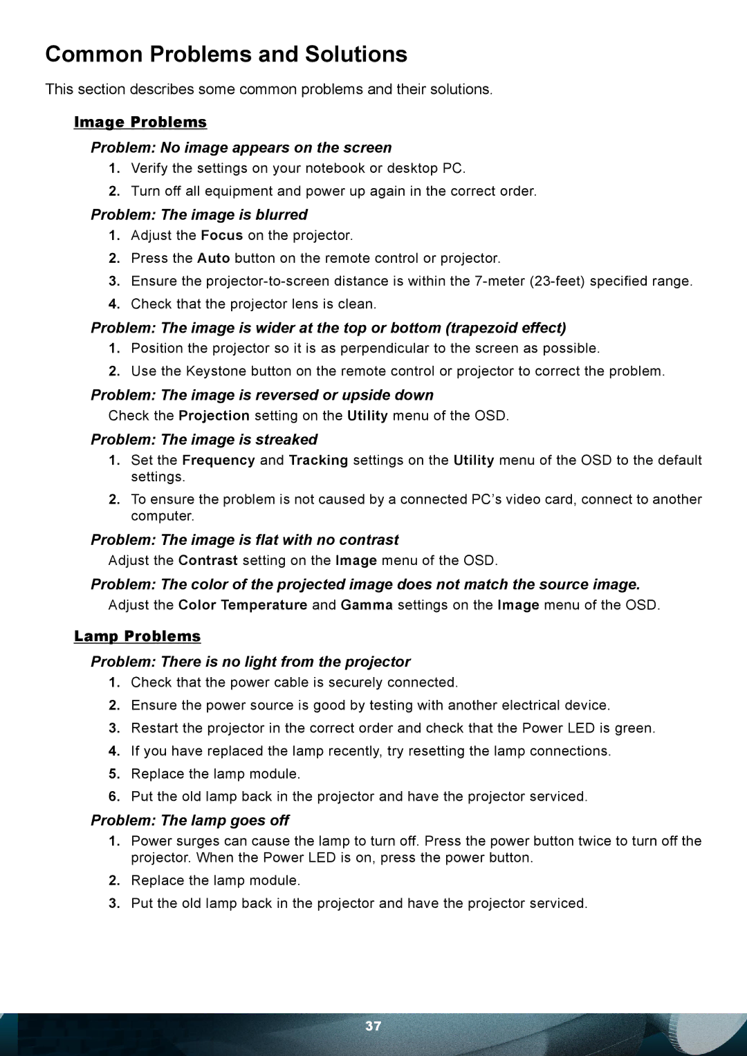 Planar PD7010 user manual Common Problems and Solutions, Image Problems, Lamp Problems 