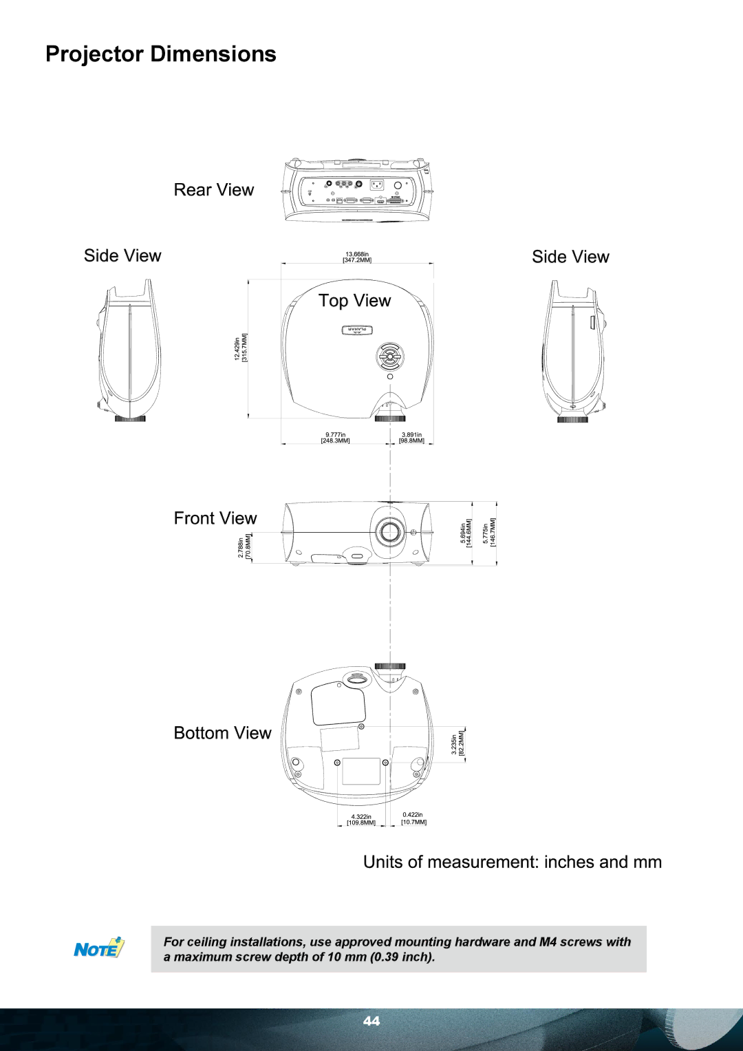 Planar PD7010 user manual Projector Dimensions 