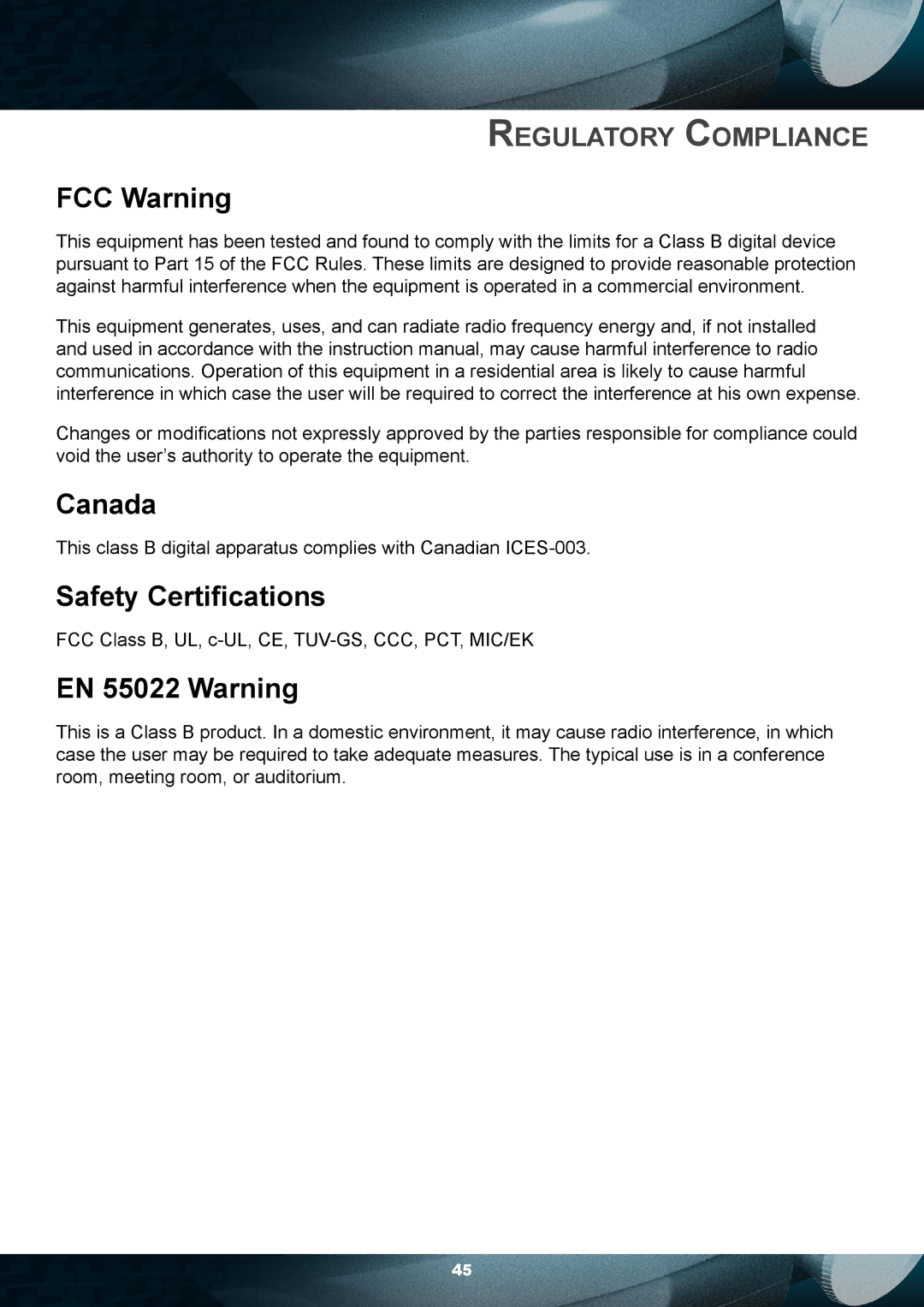 Planar PD7010 user manual FCC Warning, Canada, Safety Certifications, EN 55022 Warning 