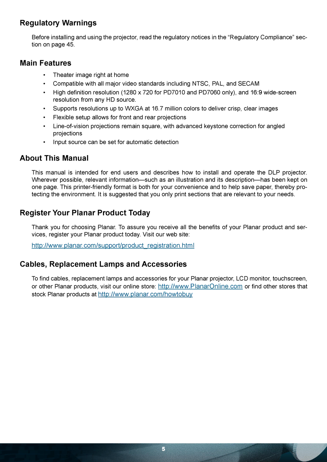 Planar PD7010 user manual Cables, Replacement Lamps and Accessories 